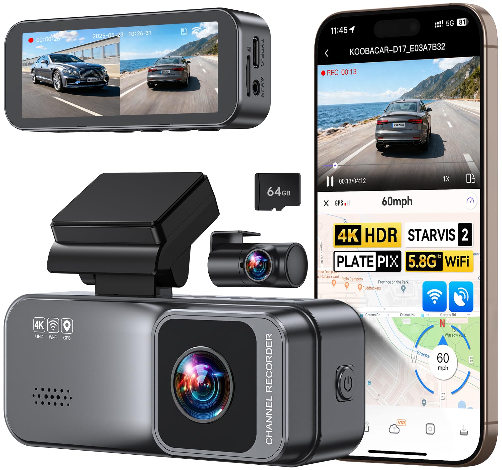 KQQ 4Kドライブレコーダー　ダッシュカム　DASH CAM 車用　ドラレコ Amazon.co.jp: KOOBACAR 4Kドライブレコーダー 前後カメラ【超強暗視